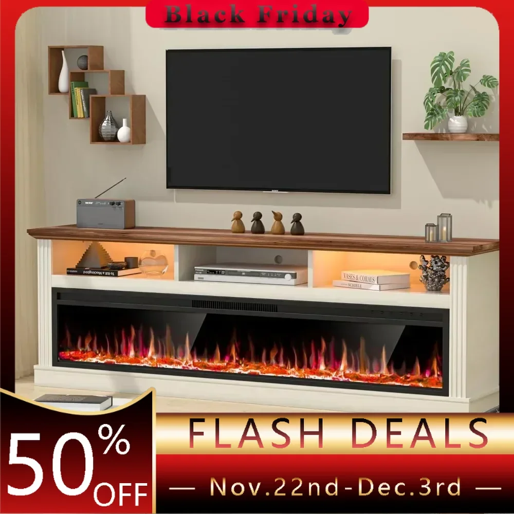 58 Inch Fireplace TV Cabinet with 52 Inch Electric Fireplace, Living Room LED Lights TV Cabinet