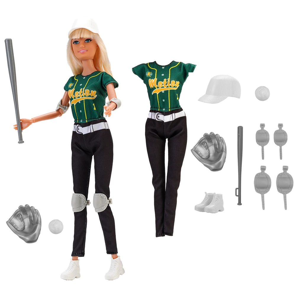 NK Official 1 Set For Barbie Doll Baseball set:  green clothes+hat+gloves+sports shoes+protective gear+baseball Accessories 1/6