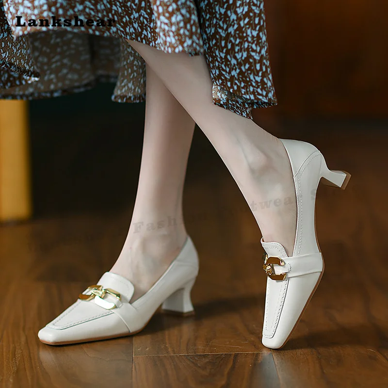 

Genuine Cow Leather Beige Pumps Shoes Women's Metal Chain Decor Thin Heel for Woman Pumps Shoes for Women 2022 Designer Heels