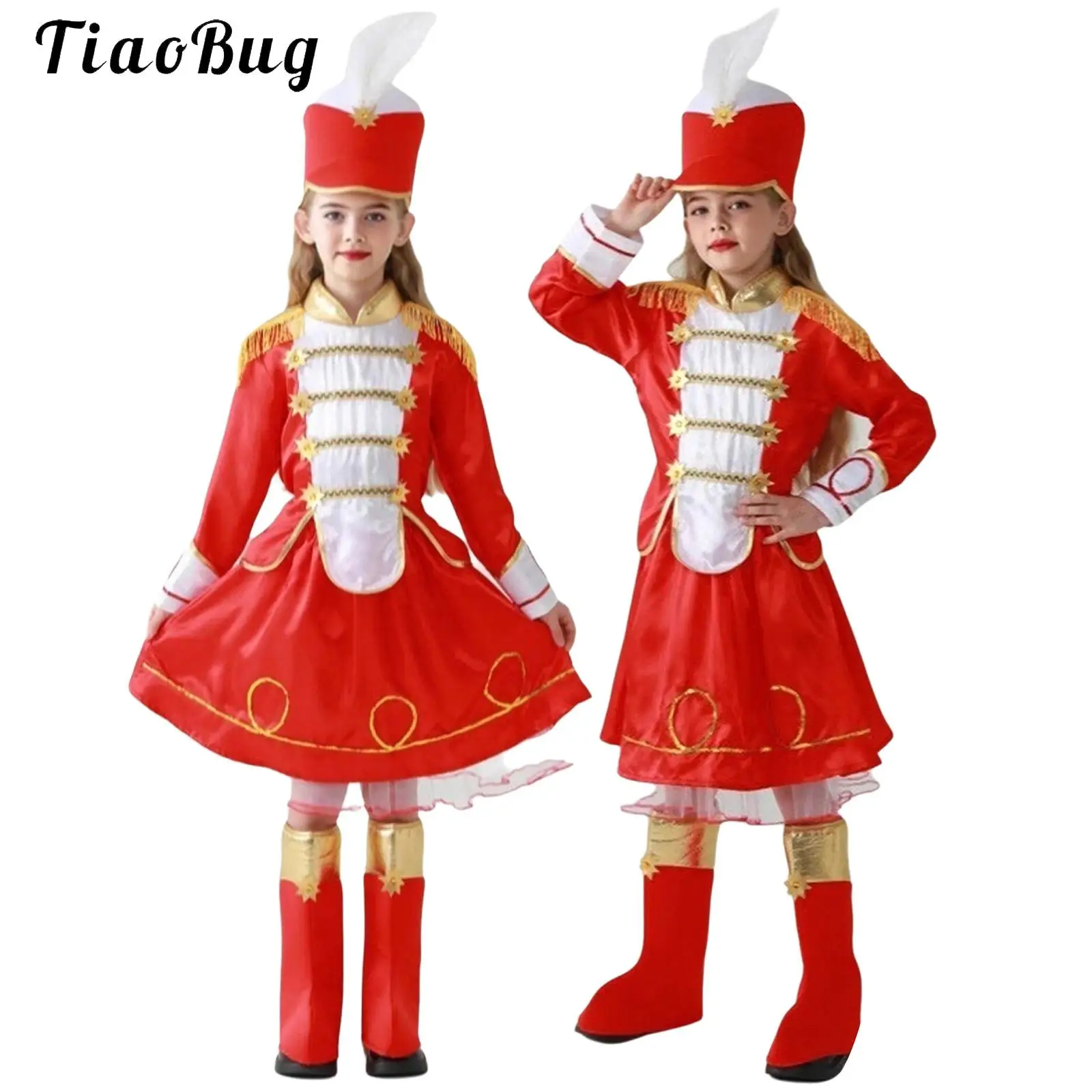 

Girls Nutcrackers Costume Set Kids Marching Band Major Team Uniform Long-sleeves Jackets Top with Skirt Hat Drummer Performance