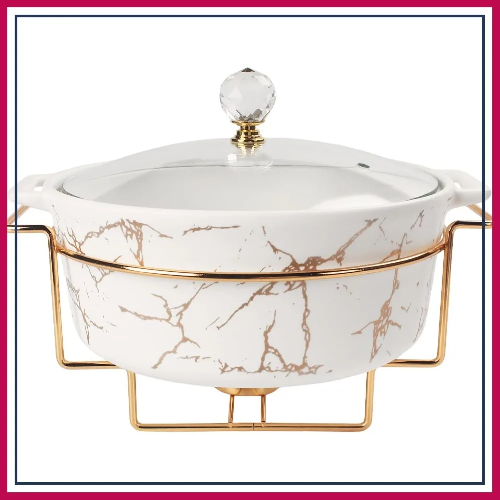 

9-inch Ceramic Casserole with Glass Lid & Gold Rack, 2.6-Quart Stockpot, Buffet Hot Pot, Party Tray