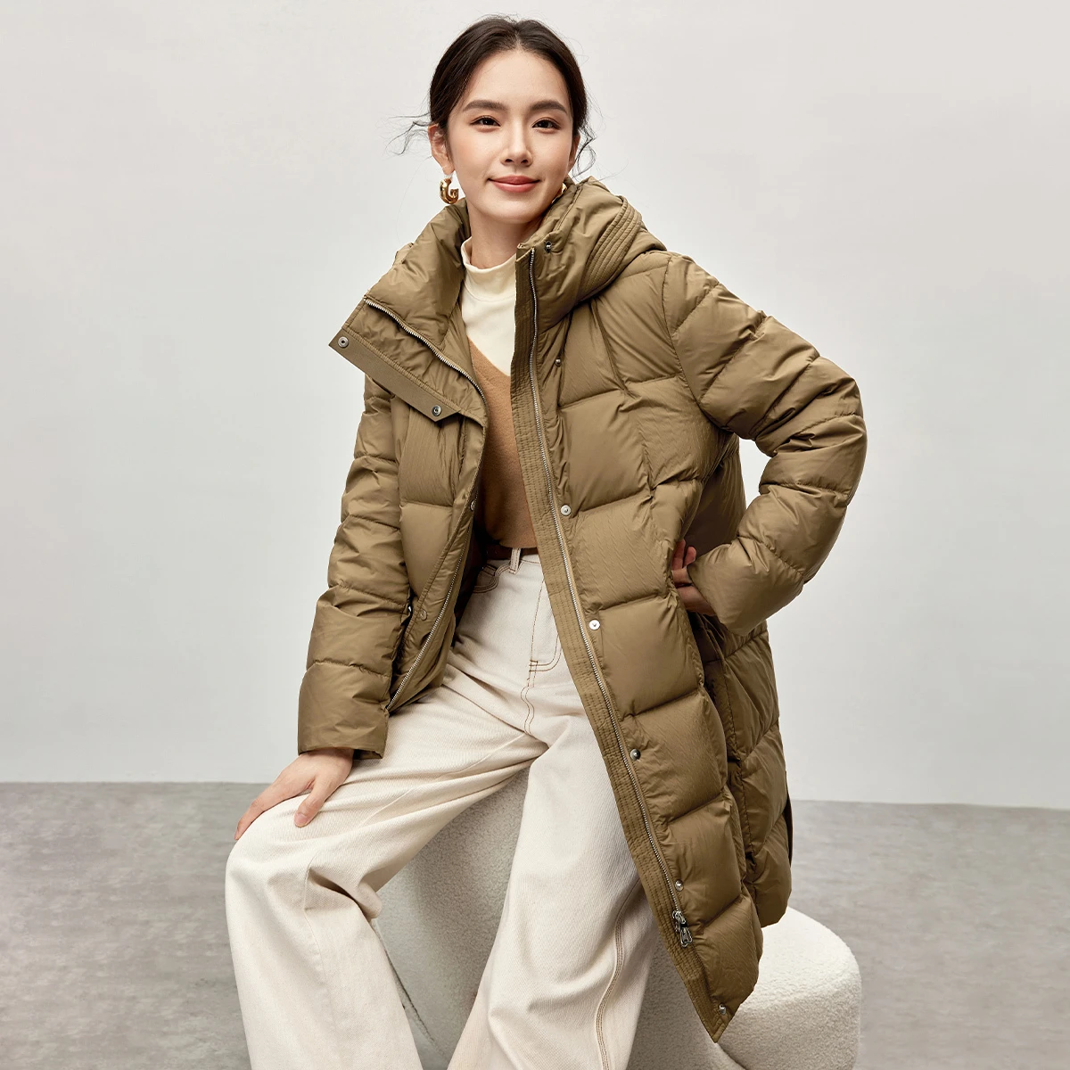 SENTUBILA Winter-Daunenjacke 2025, neue warme, lange, solide Taschen, Daunenmäntel mit Kapuze, Reißverschluss, lange Ärmel, Oberbekleidung W44Y57032