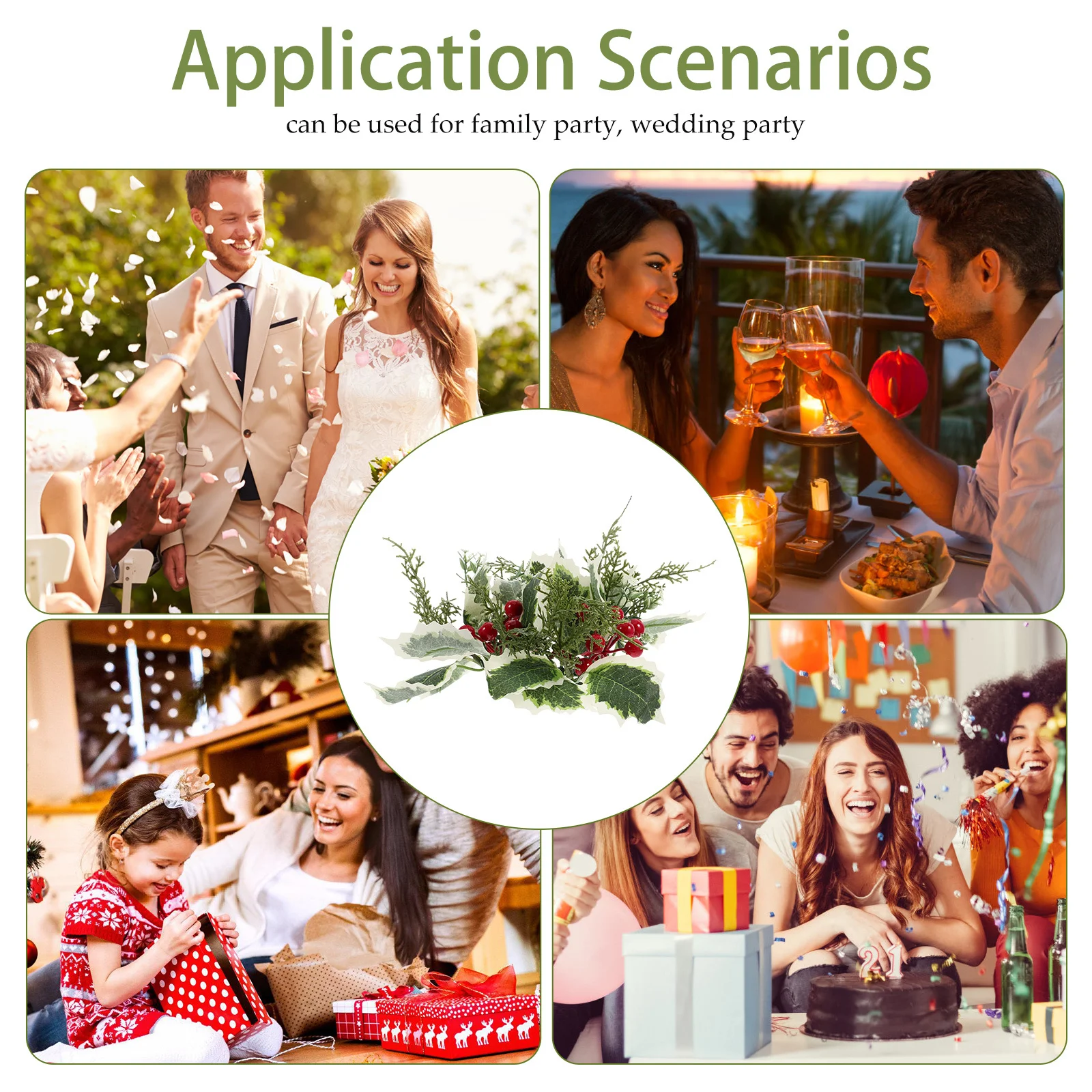 

Artificial Christmas Ring Wreath Red Berries White Edges Leaves Classic Style Holiday Party Decor Door Wall Hanging