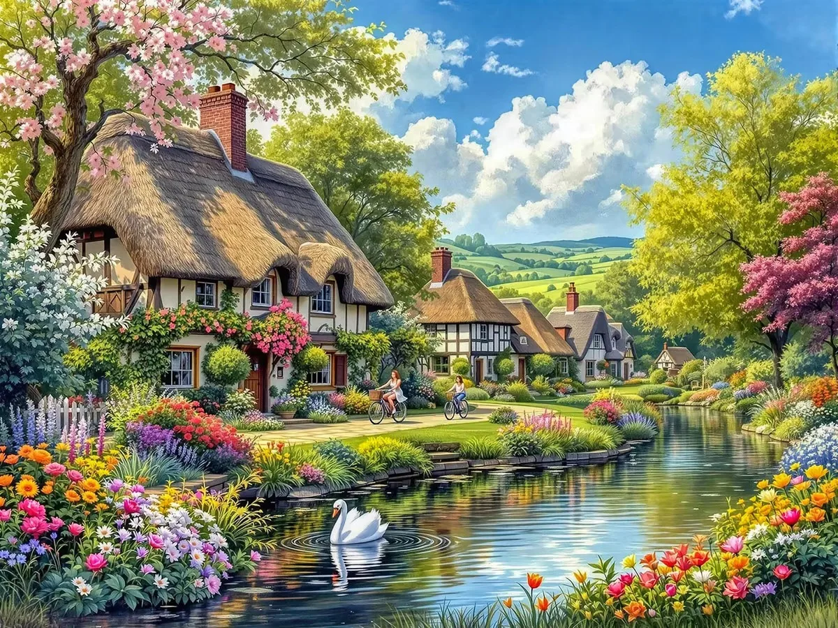 Idyllic Country Cottage Riverside Scenery With White Swan Diamond Painting Mosaic Handicraft Ideal Holiday Gift Home Wall Decor