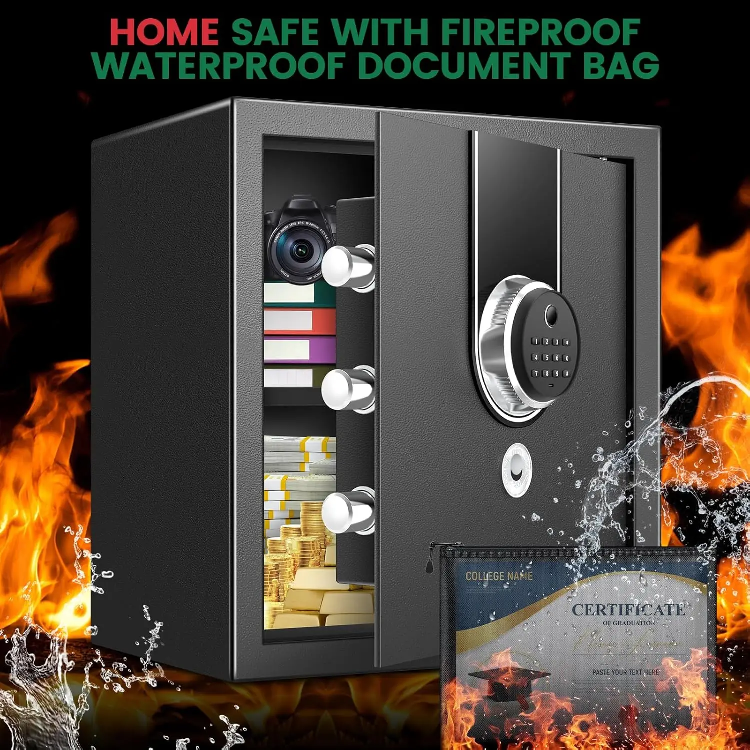 2.0 Cuft Biometric Safe Box, Fireproof Safe for Home with Digital Keypad and Spare Keys, Safety Box for Money, Documents, and ot