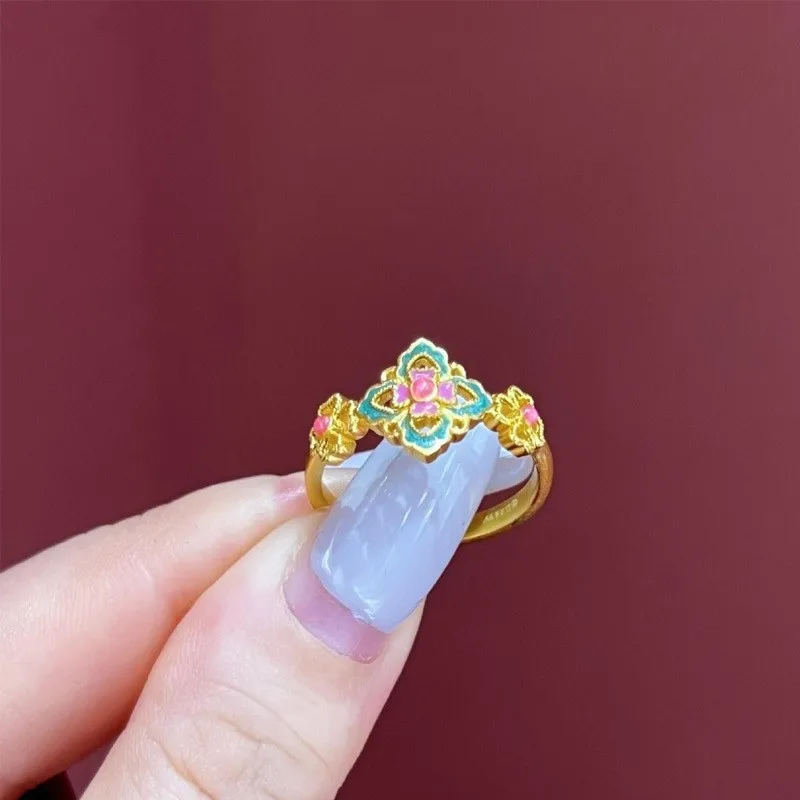 New in Chinese style jewelry enamel pink hibiscus flowers ring quaint elegant small rings for women light luxury jewelry