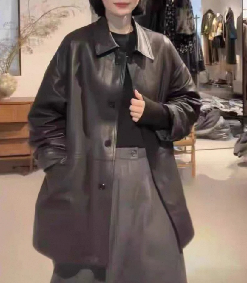 

Autumn Winter New Sle Women's Leather Jaet eepskin Loose Slimming Long Coat down Jaet Turn-down Collar Faionable