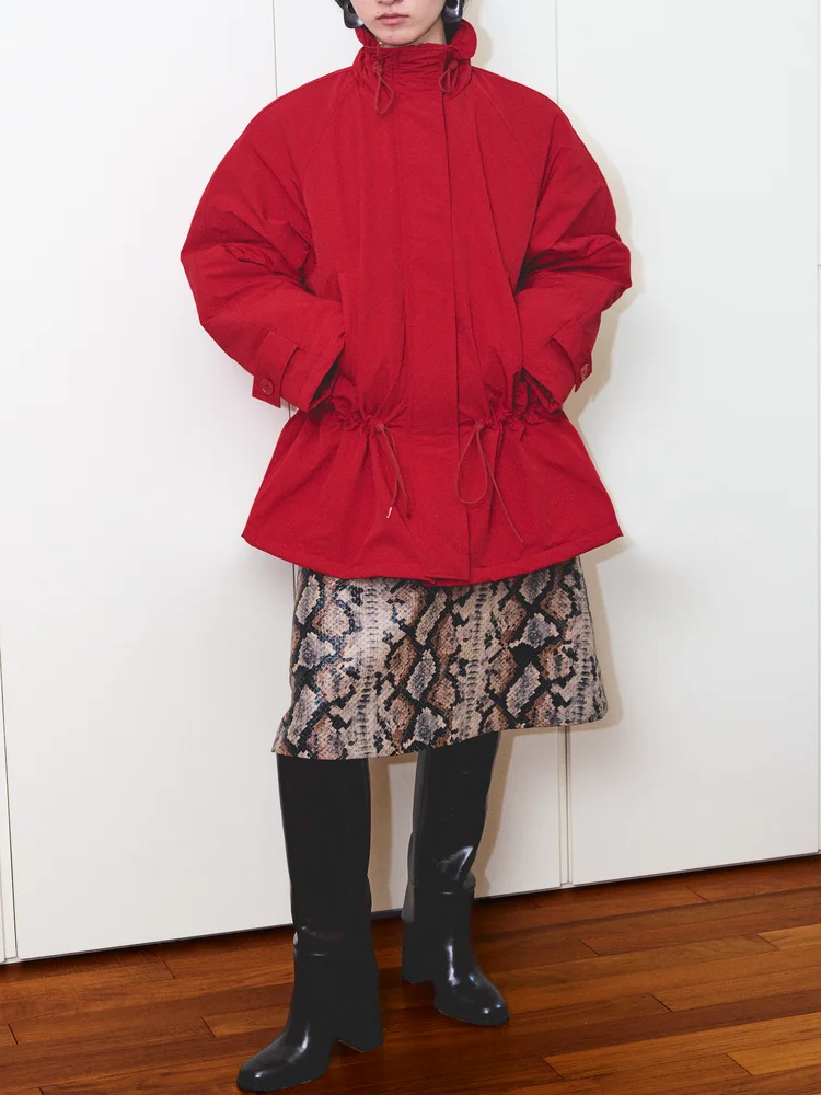 

ENK Dstring Collar Loose Cotton Jaet Two Colors Commute Simple Sle Thiened Long Sve Zipper Closure Pure Color