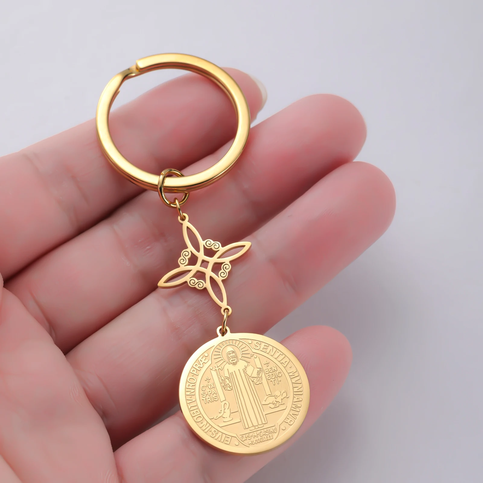Dawapara Saint Benedict Exorcism Cross Keychain  Double Side Religious Medal Pendant Protection Amulet Stainless Steel Jewelry