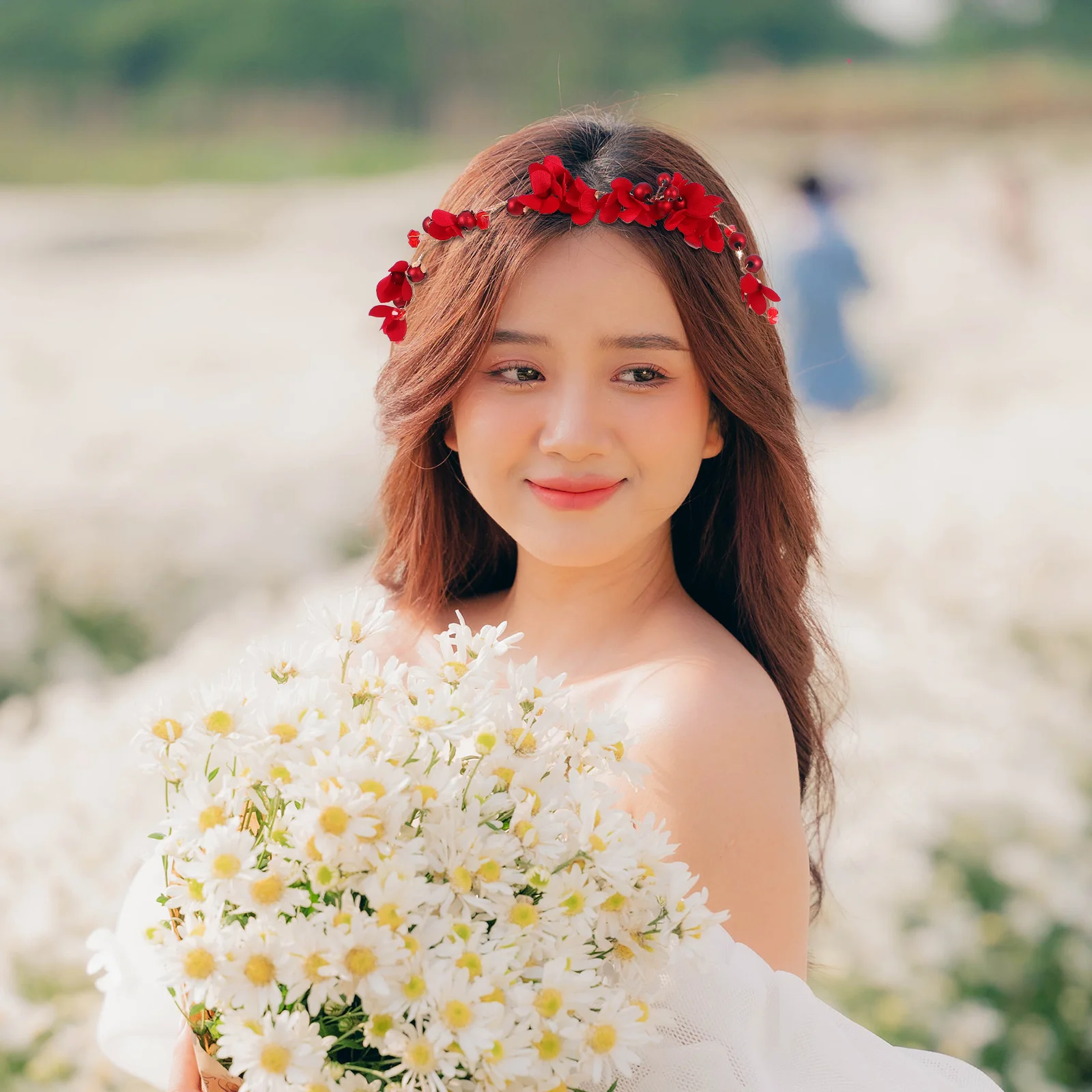 عصابة رأس على شكل زهرة حمراء للنساء رباط شعر الزفاف وغطاء رأس على شكل زهرة للحفلات الراقصة على شكل تاج إكسسوارات الشعر المؤنث