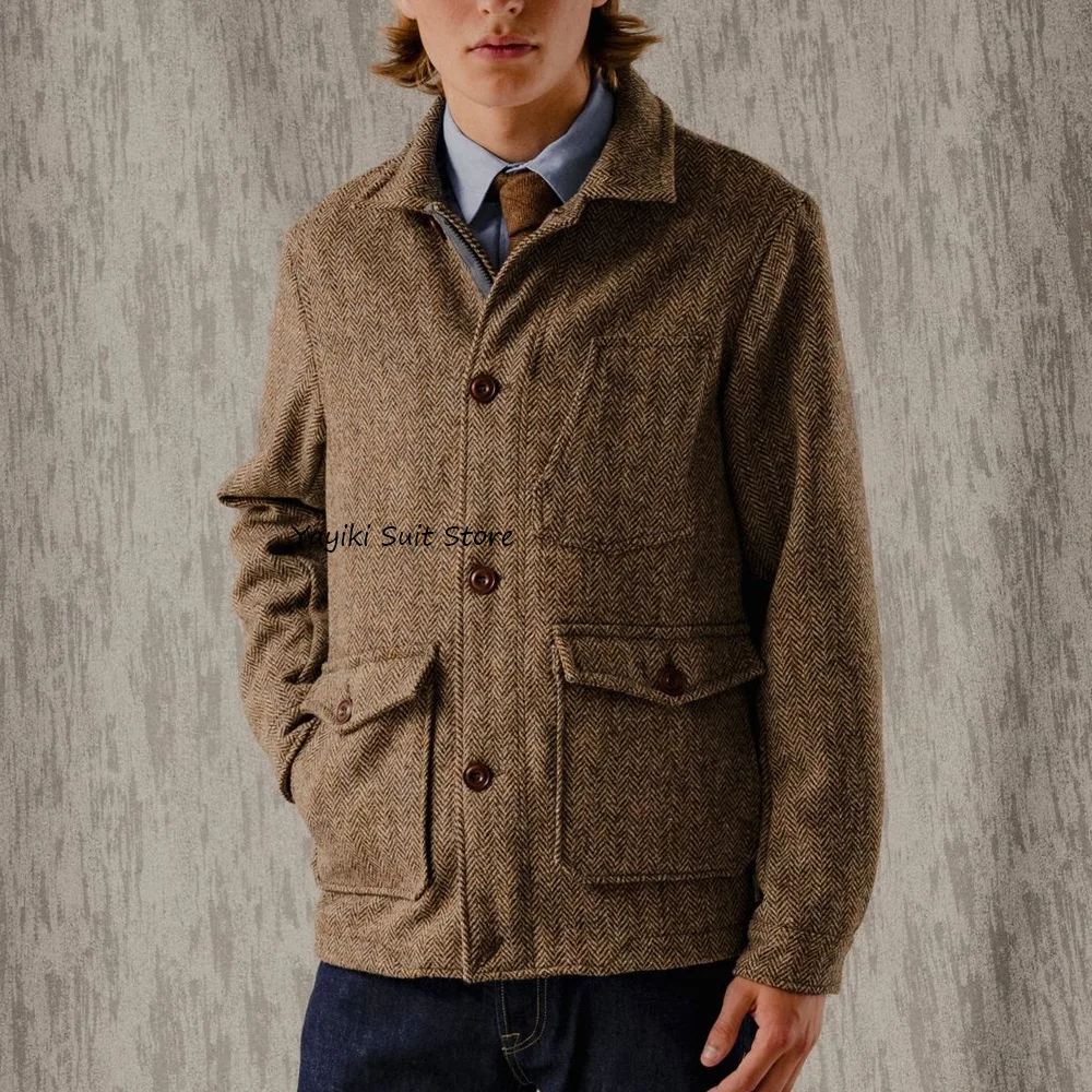 

Men's Jacket Casual Suit Jackets for Man Vintage Herringbone Fabric Urban Blazers Lapel Single-breasted Men's Social Coat Suits