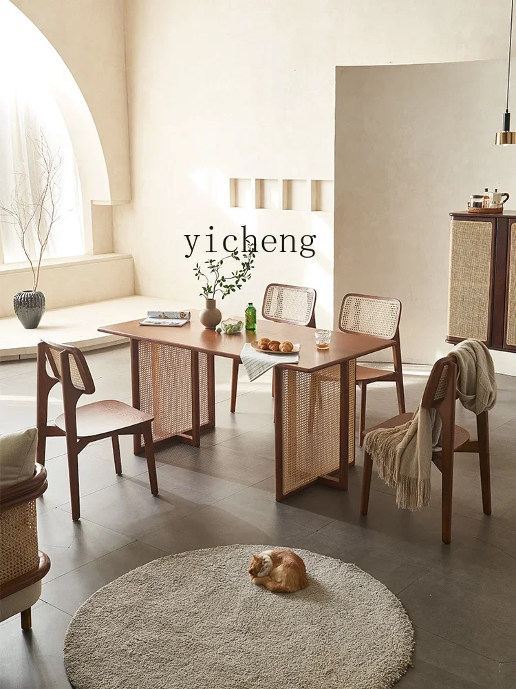 ZML solid wood rattan household dining table and chair combination ash wood small apartment dining table