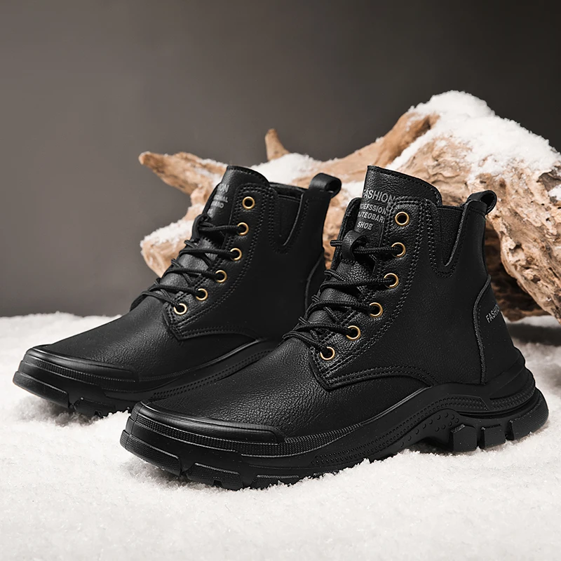 Tooling Boots Men Winter Casual Leather Shoes Ankle Men's Biker Boot Young Fashion Water Proof Full Black Non-slip Male Footwear