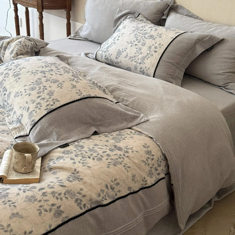 French Style Bedroom Classical Printed Cotton Linen Blend Four Piece Set Linen Light Luxury High-end Lace Duvet Cover Bed Sheet