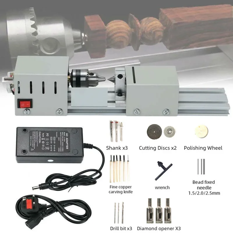 Mini Máquina de Torno para Contas de Madeira Ferramenta Miniatura para Polimento e Esmerilhamento Dc1224v 96w