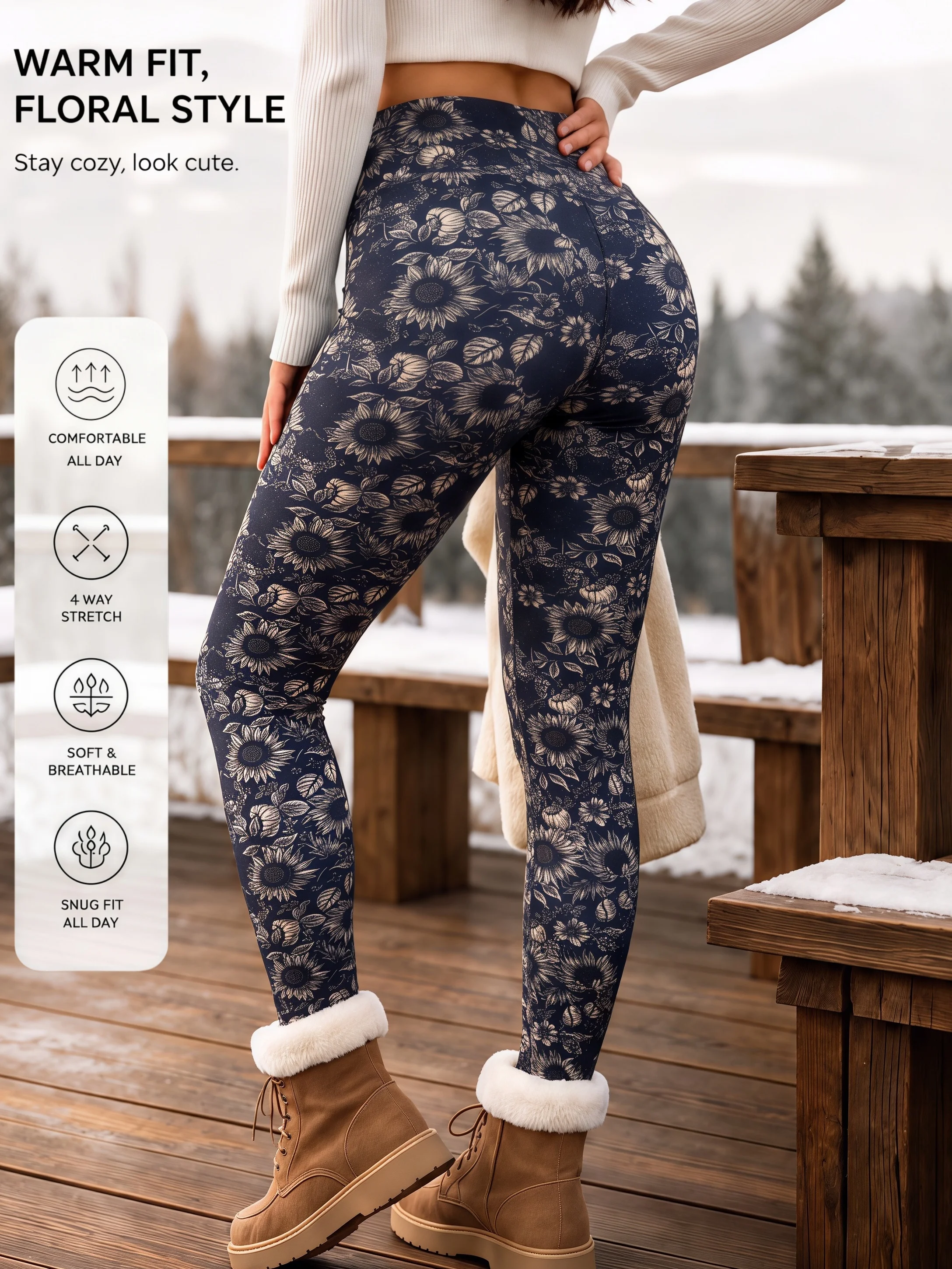 1er-Pack Damen-Leggings mit Sonnenblumen-Print in Marineblau, Fleece-gefüttert, hohe Taille, hochelastisch, hautfreundlich, Retro-Blumenmuster, warme Hose – Detail 2