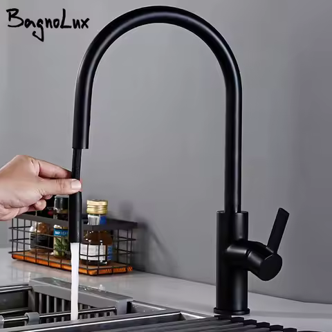Bagnolux Black Gold Brass Rotation Holder Single Hole Deck Mounted Cold and Hot Water Mixer Pull-Out Sprayer Kitchen Sink Faucet