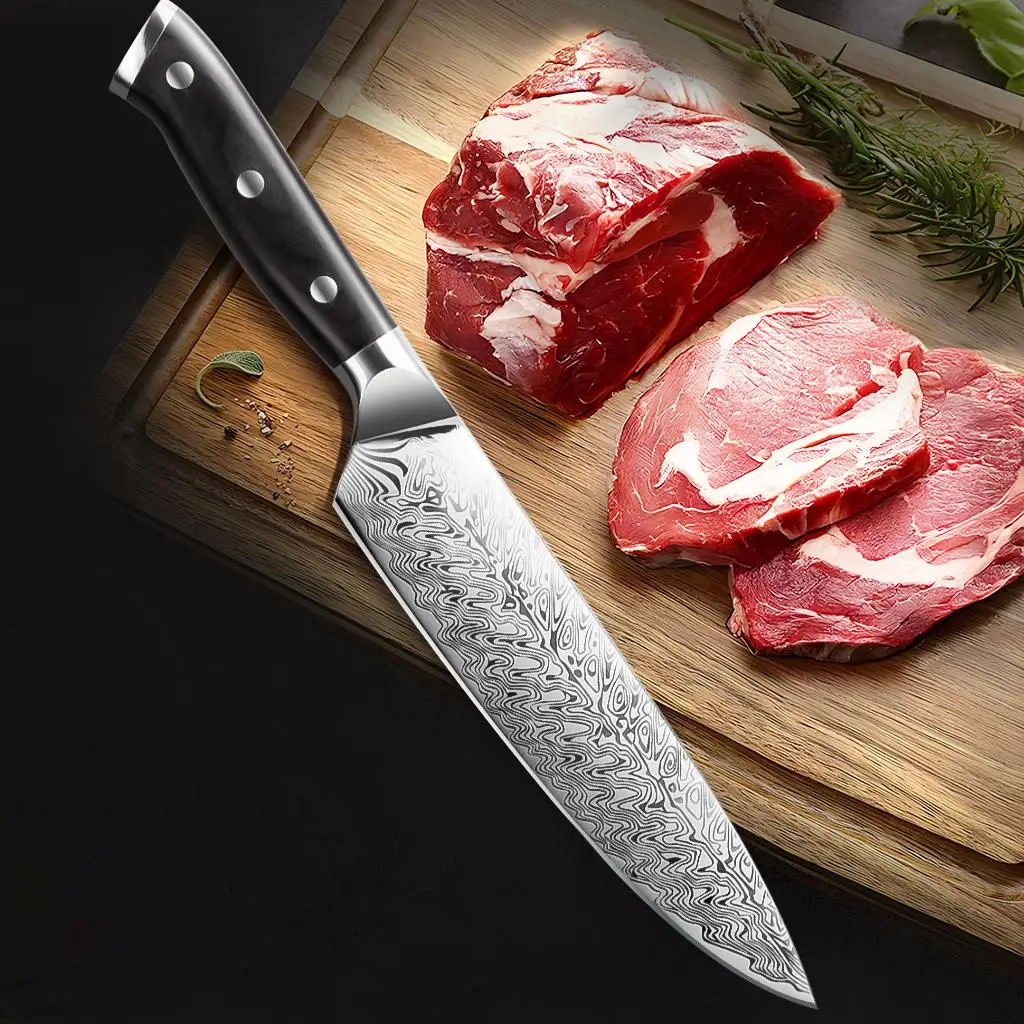 Single-piece professional Damascus steel textured chef's knife, non-slip handle kitchen knife, cooking kitchen knife set