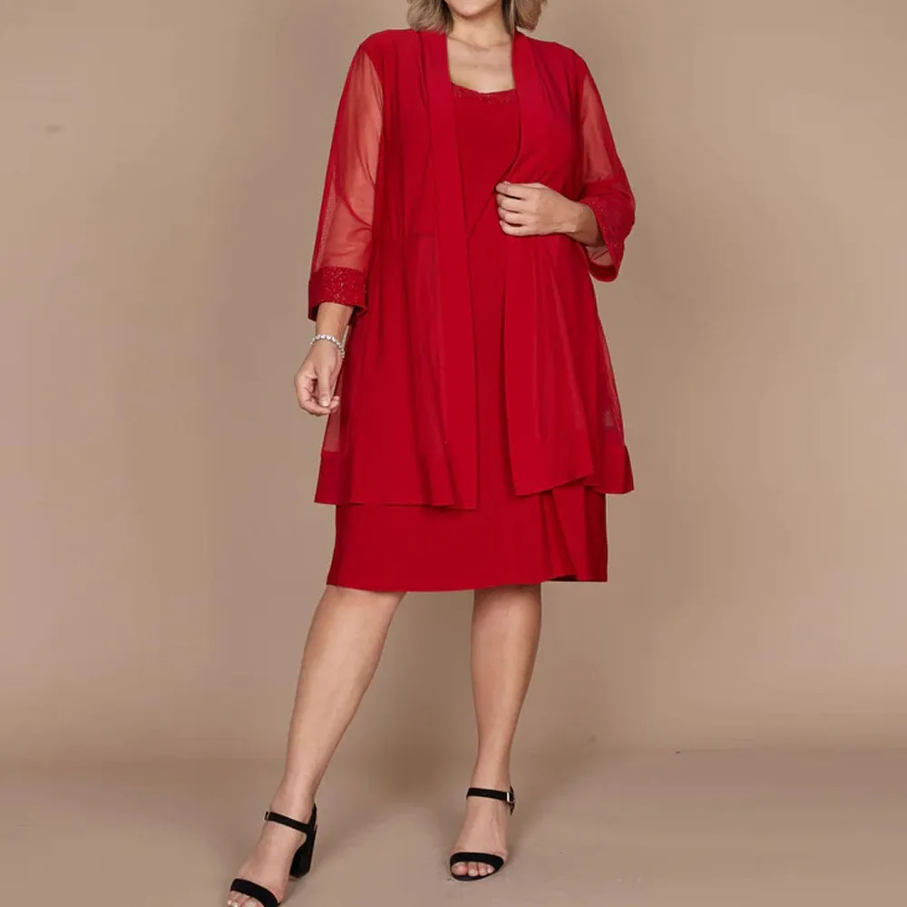 Customized Mother of The Bride Dress Short Casual with Jacket Full Sleeves Scoop Neck A Line Chiffon Wedding Guest Gowns Party