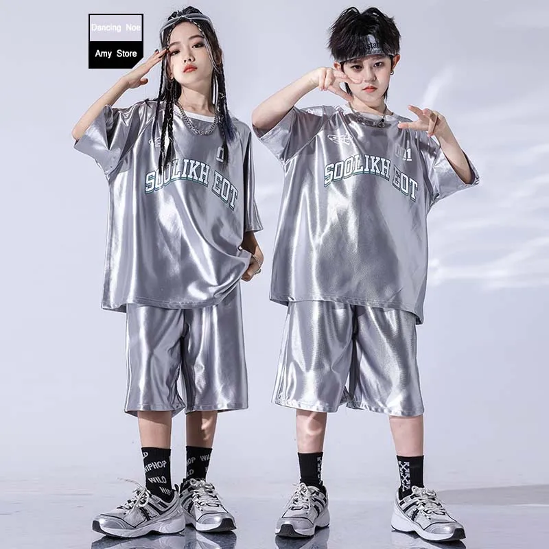 Cool Kids Jazz Street Dance Costume Hip Hop Dance Outfits Kpop Stage Performance Costume Silvery T-Shirt Shorts Summer AMY512