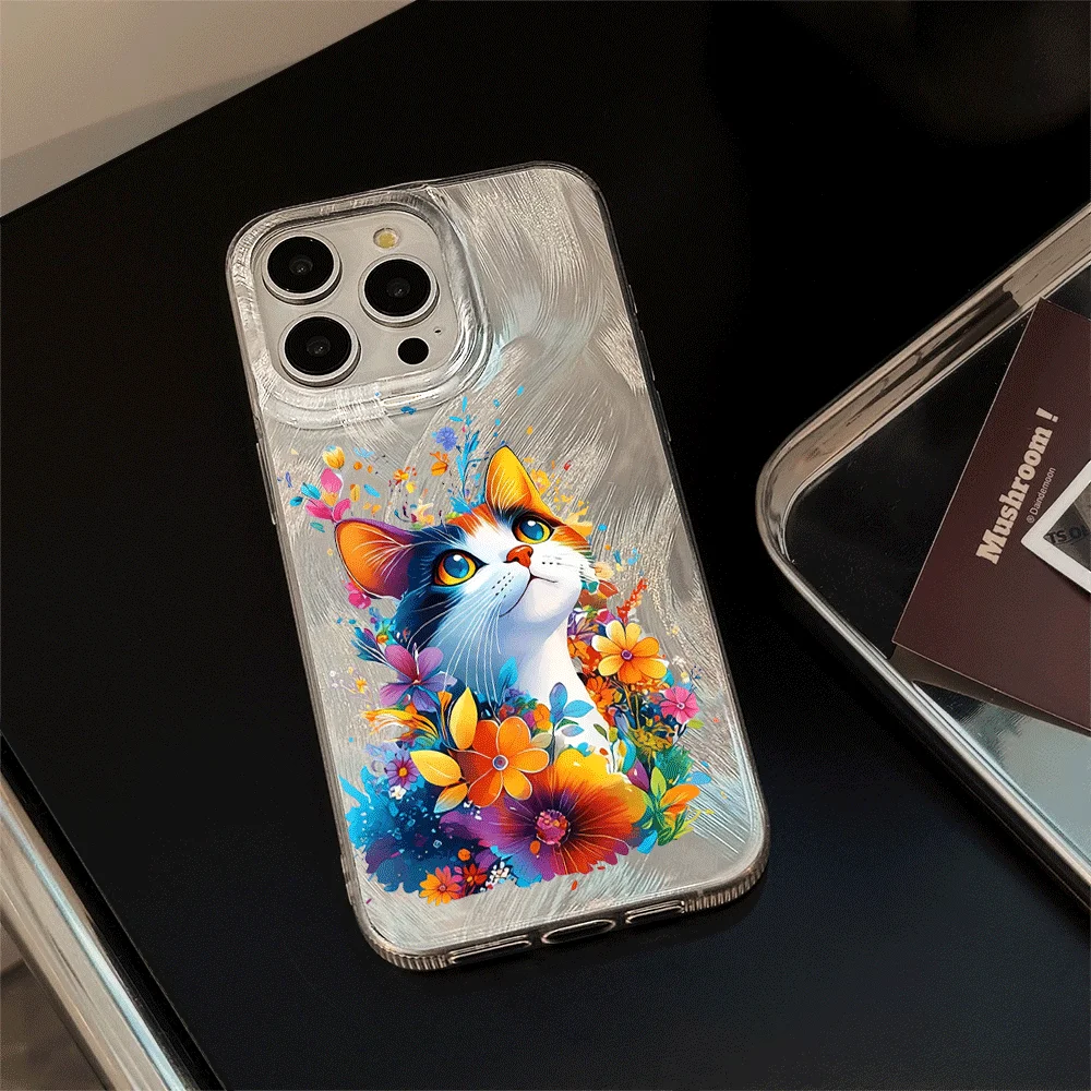 Phone Case For Samsung Galaxy S26 S24 S25 S23 Ultra S21 S22 Plus A55 A53 A36 A26 A16 A54 A35 A56 Line 3D Cat Floral Korean Cover