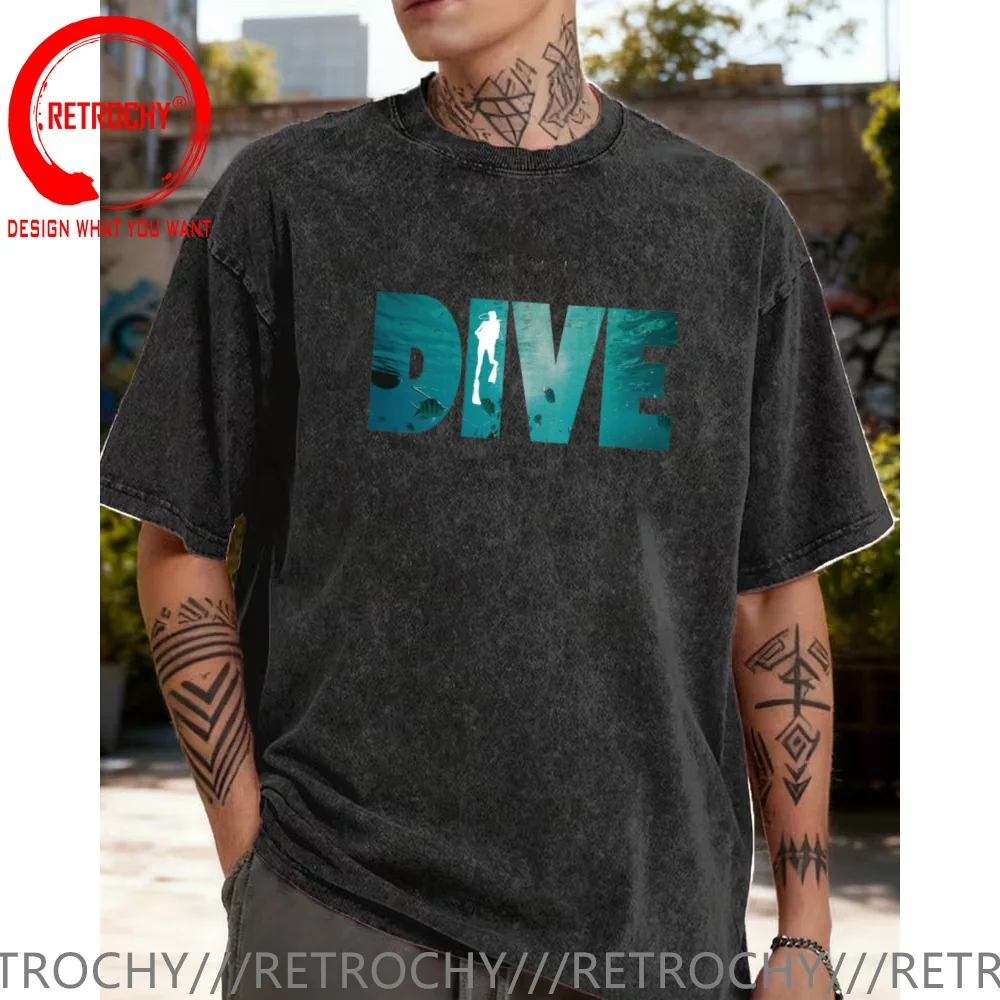 Vintage Washed Cotton T-Shirt Funny Designer Dive - Scuba Diving T Shirt Men Fashion Trendy Casual Clothing Stylish Tops Tees