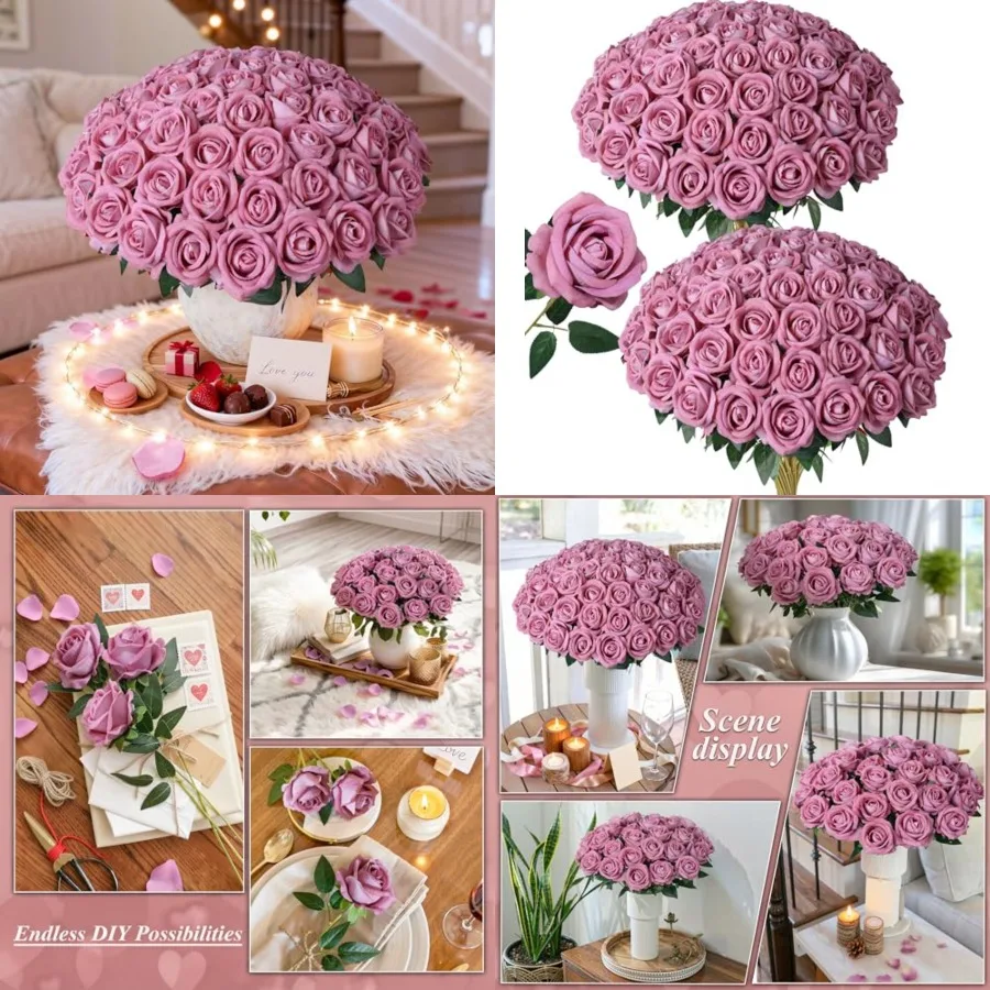 

50 PCS s Artificial Flowers, Fake Roses with Stem Realistic Silk Roses for DIY Wedding Bouquets Tables Centerpieces Arrangement