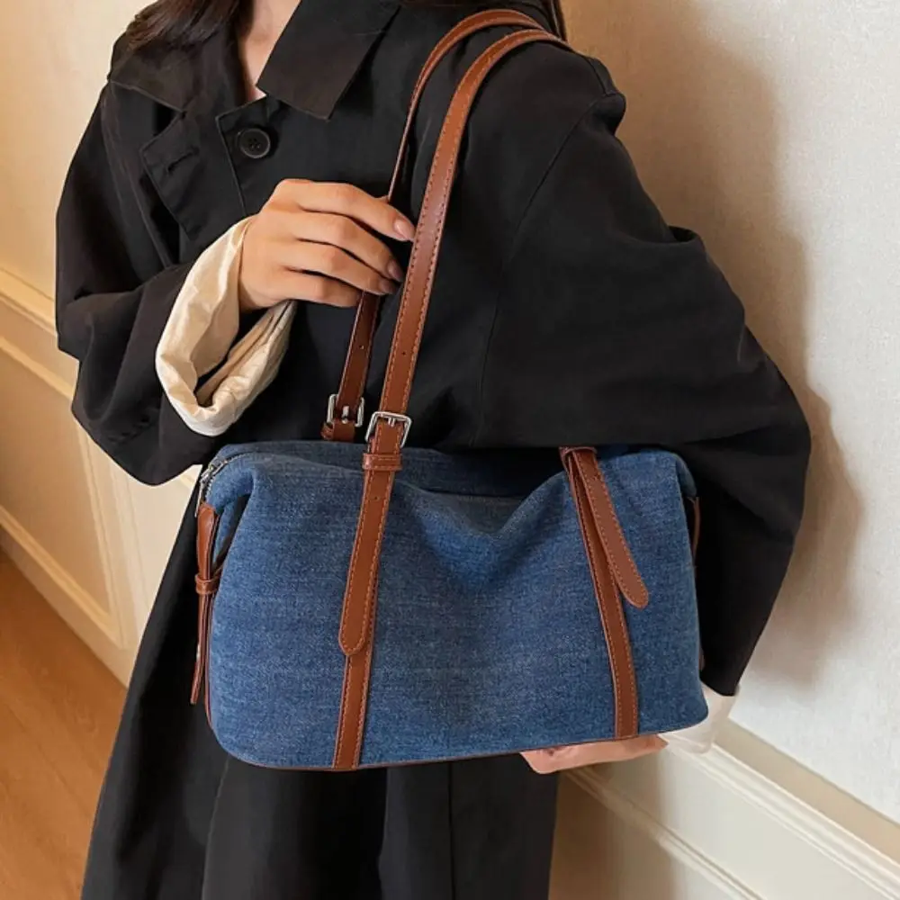 

Korean Style Denim Tote Bag Solid Color PU Leather Large Capacity Handbag Large Capacity Ethnic Style Underarm Packs