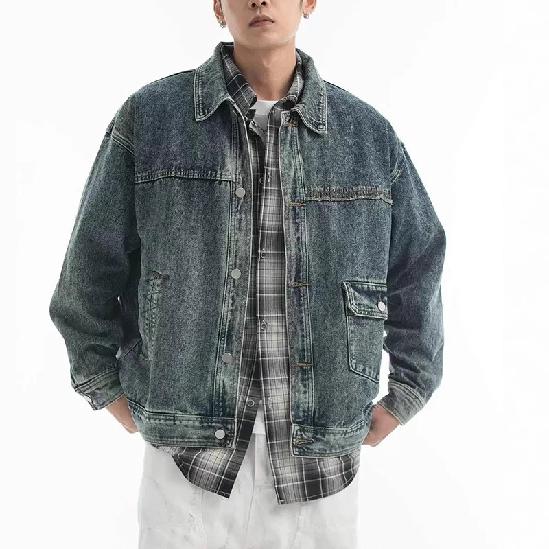 

Men's Spring Autumn Loose High Street Workwear Denim Jacket Male Turn Collar Lxury Jean Coats Casual Outerwear