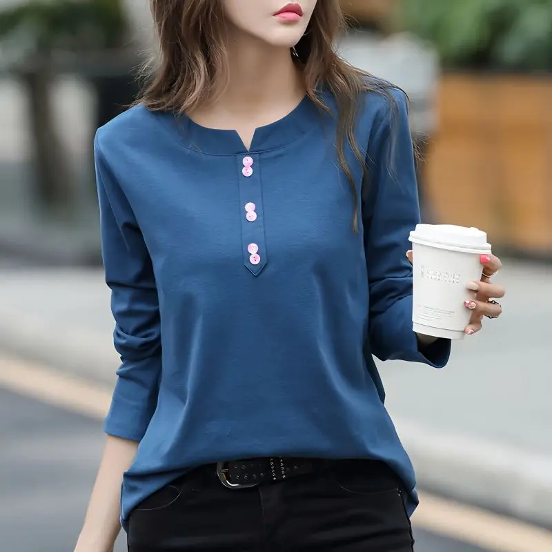 Women\'s Autumn Fashion Simplicity Solid Color V-neck Long Sleeve T-Shirt Women Clothes Casual All-match Loose Temperament Tops