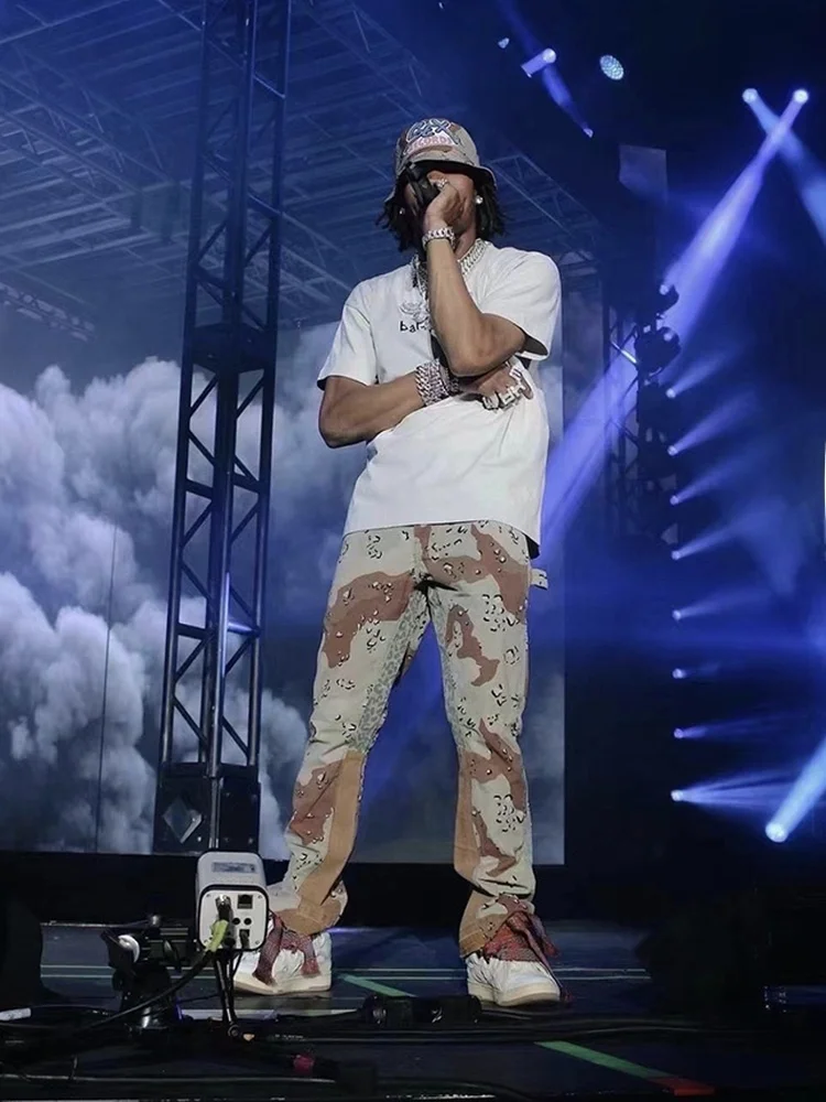 

Desert Camouflage Patchwork Flared Workwear Pants American High Street Micro Flare Casual Trousers Loose Fit Youth Cotton