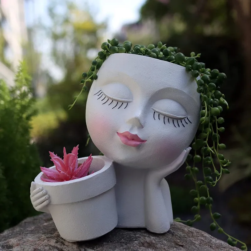 

Girls Face Planter Pot Lady Head Flower Pot Resin Succulents Cactus Double Vase Indoor Outdoor Garden Pots & Planters Home Decor