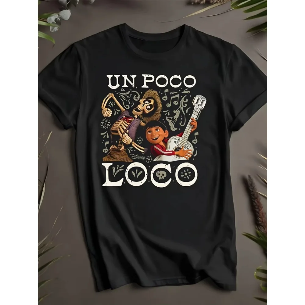 تي شيرت رجالي جديد لعام 2025 من Disney Pixar's Coco نمط الترفيه اليومي والأنشطة الموضوعية ملابس نسائية من القطن الخالص بأكمام قصيرة