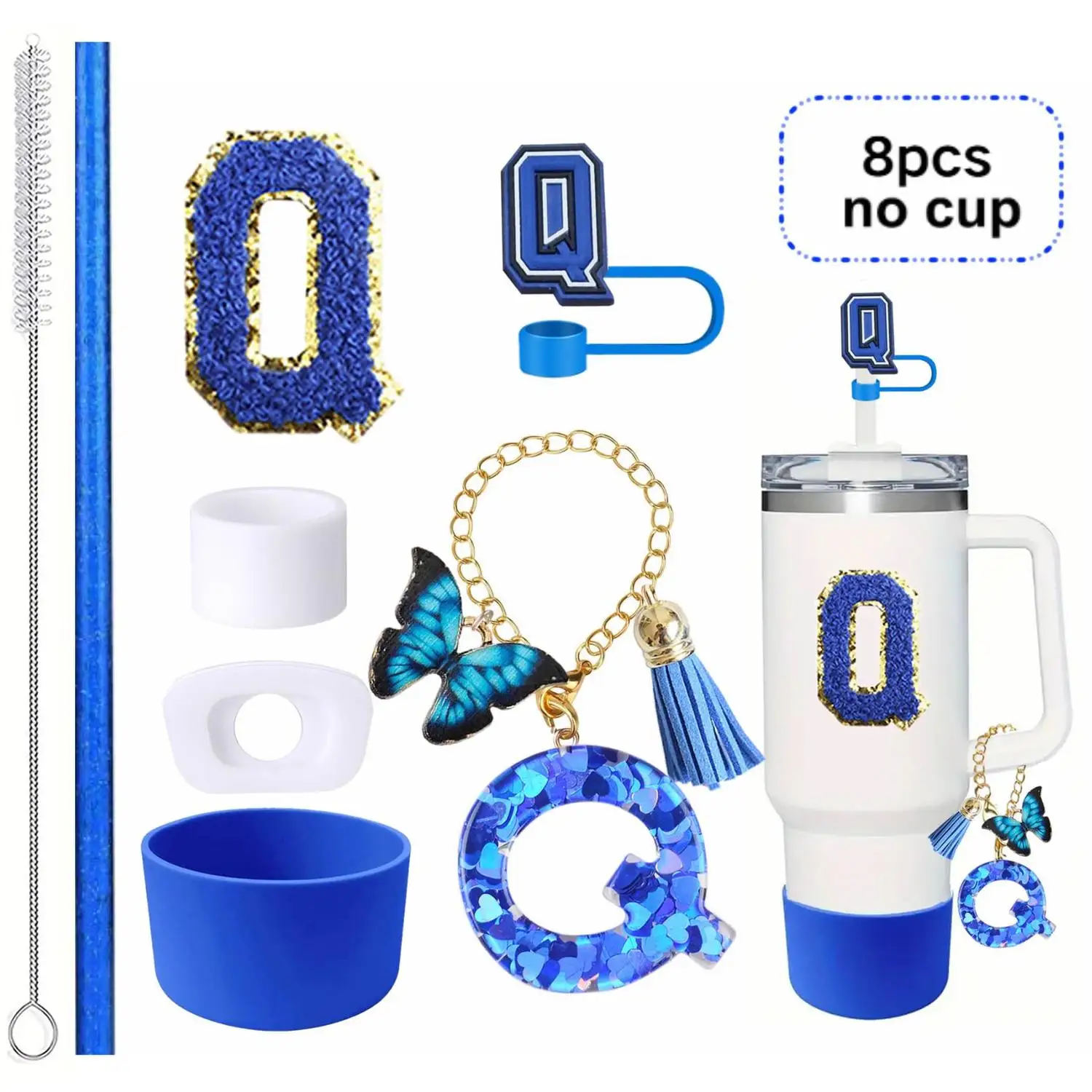 For Stanley Letter Straw Topper Cross-Border New Arrival Sequined Bow Charms Leak Stopper - Set of 8 Straws And Brush