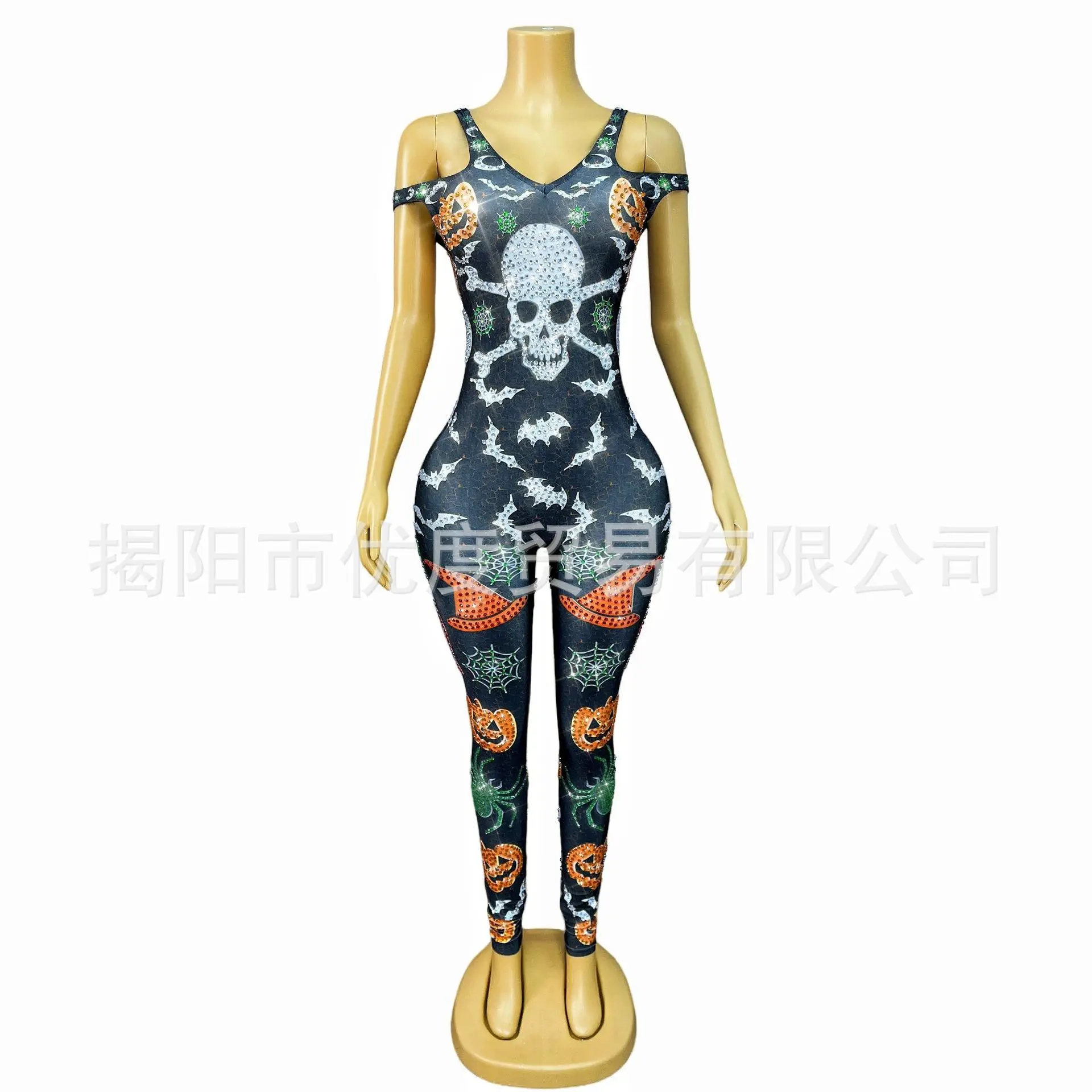 هالوين الجمجمة بذلة حجر الراين أكمام قطعة واحدة تأثيري ملابس رقص اليقطين رئيس فساتين السهرة امرأة أنيقة فاخرة