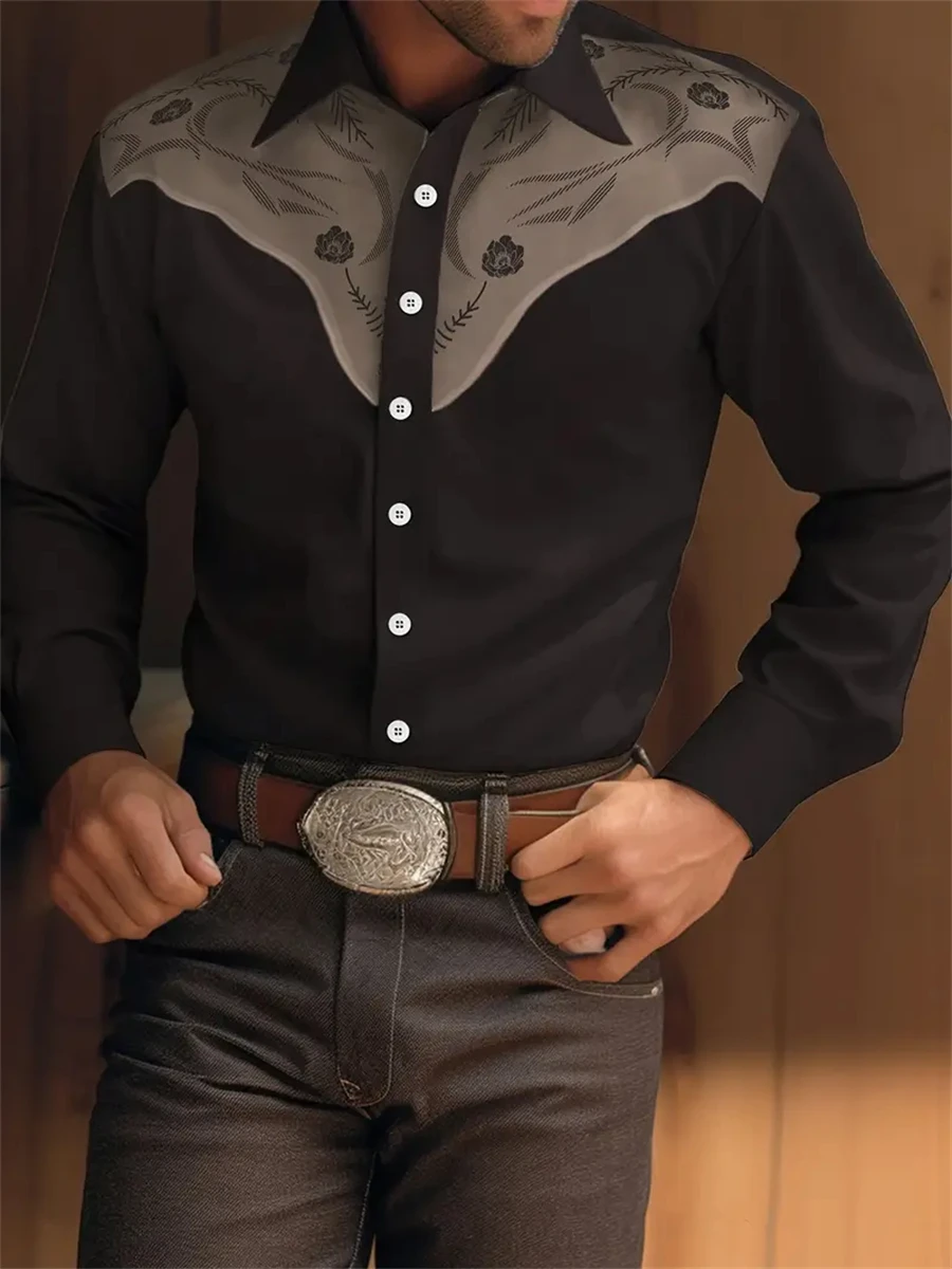 

Handsome men's Mexican cowboy style long-sleeved shirt comfortable casual light non-iron men's lapel button top