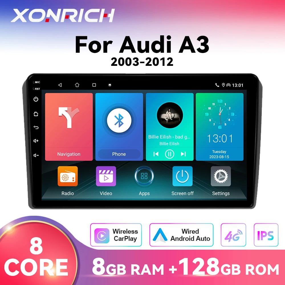 Autoradio sans fil CarPlay Android 14 pour Audi A3 2 8P 2003-2012, navigation GPS, DSP, commande vocale AI, audio Bose, 8 cœurs, multimédia