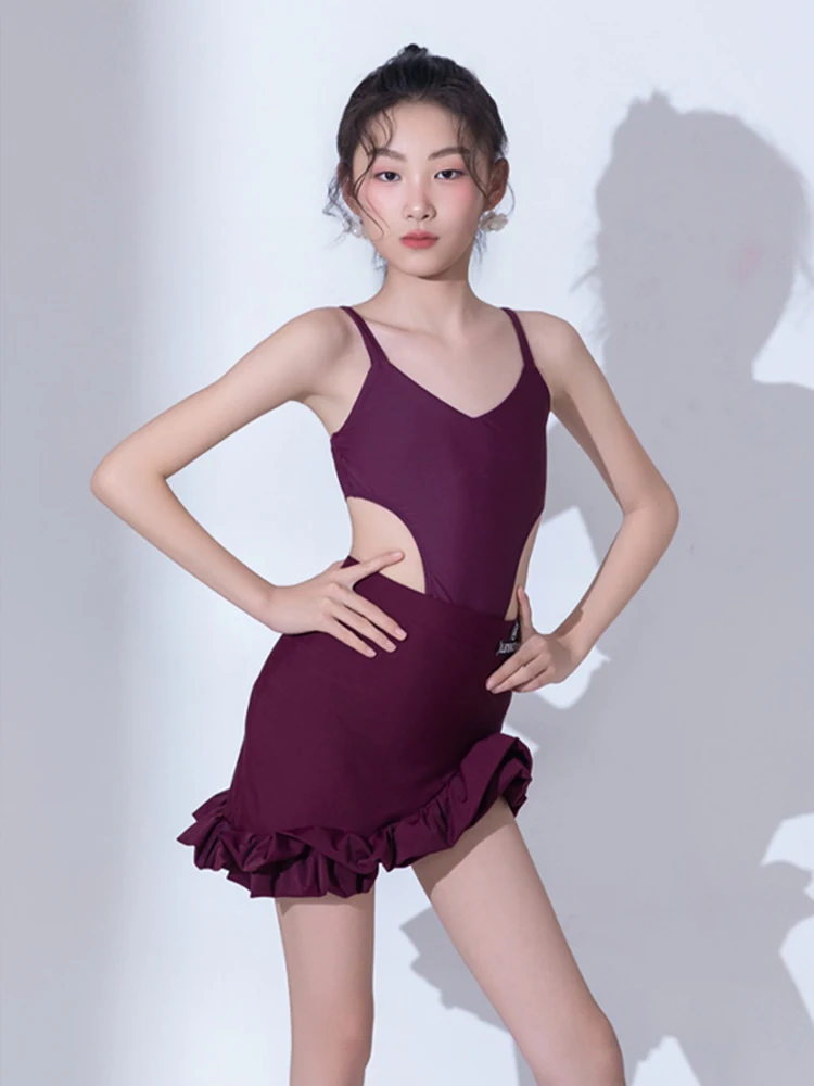 فستان رقص اللاتينية الأطفال التانغو رومبا أداء الرقص ملابس الفتيات الأرجواني أكمام الرقص القمم ممارسة تنورة مجموعة XH2947