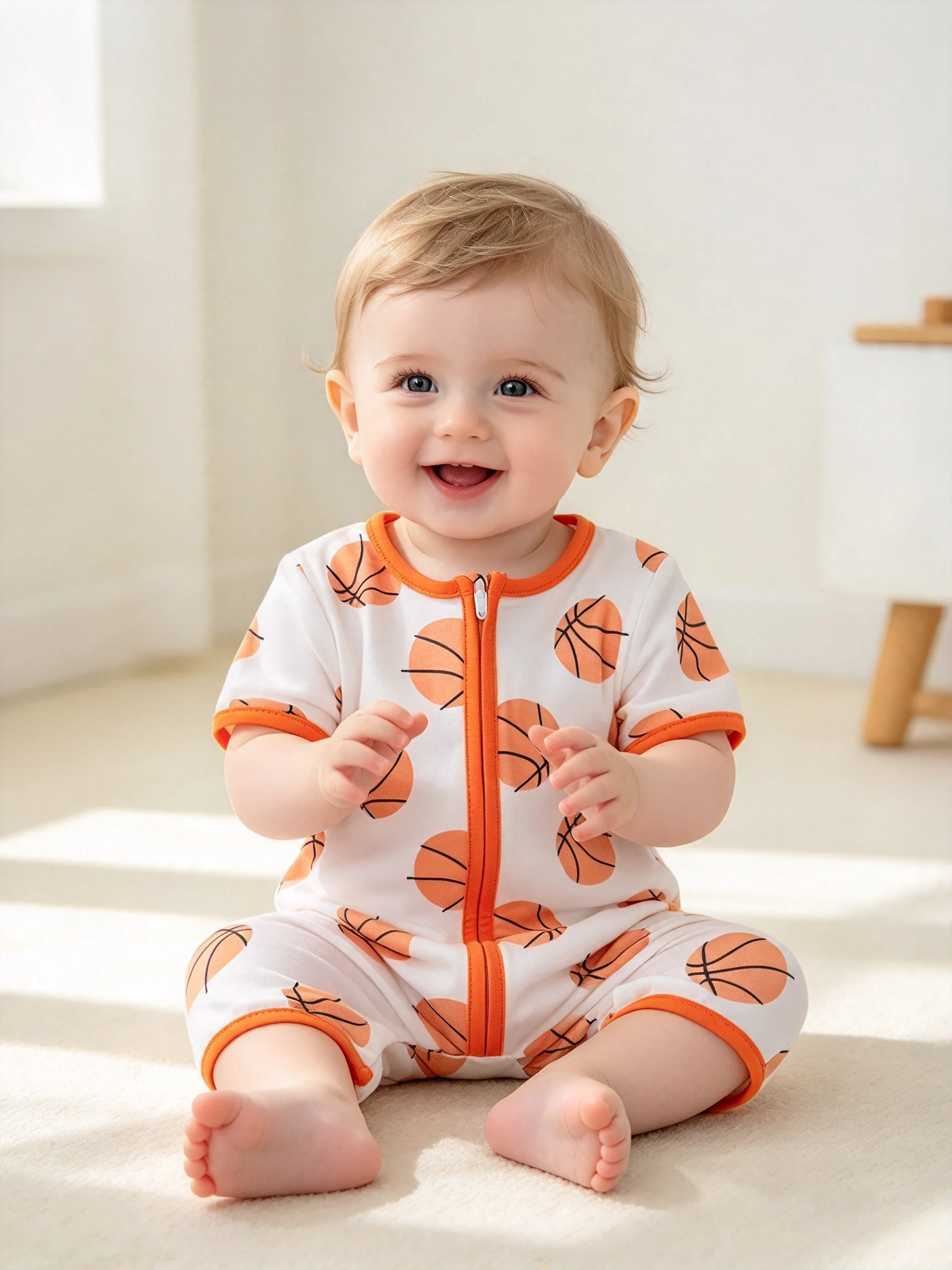 Baby Basketball Print Romper, Short Sleeve Zip-Up Jumpsuit, Orange Trim, Infant One-Piece Outfit for Play and Everyday Wear
