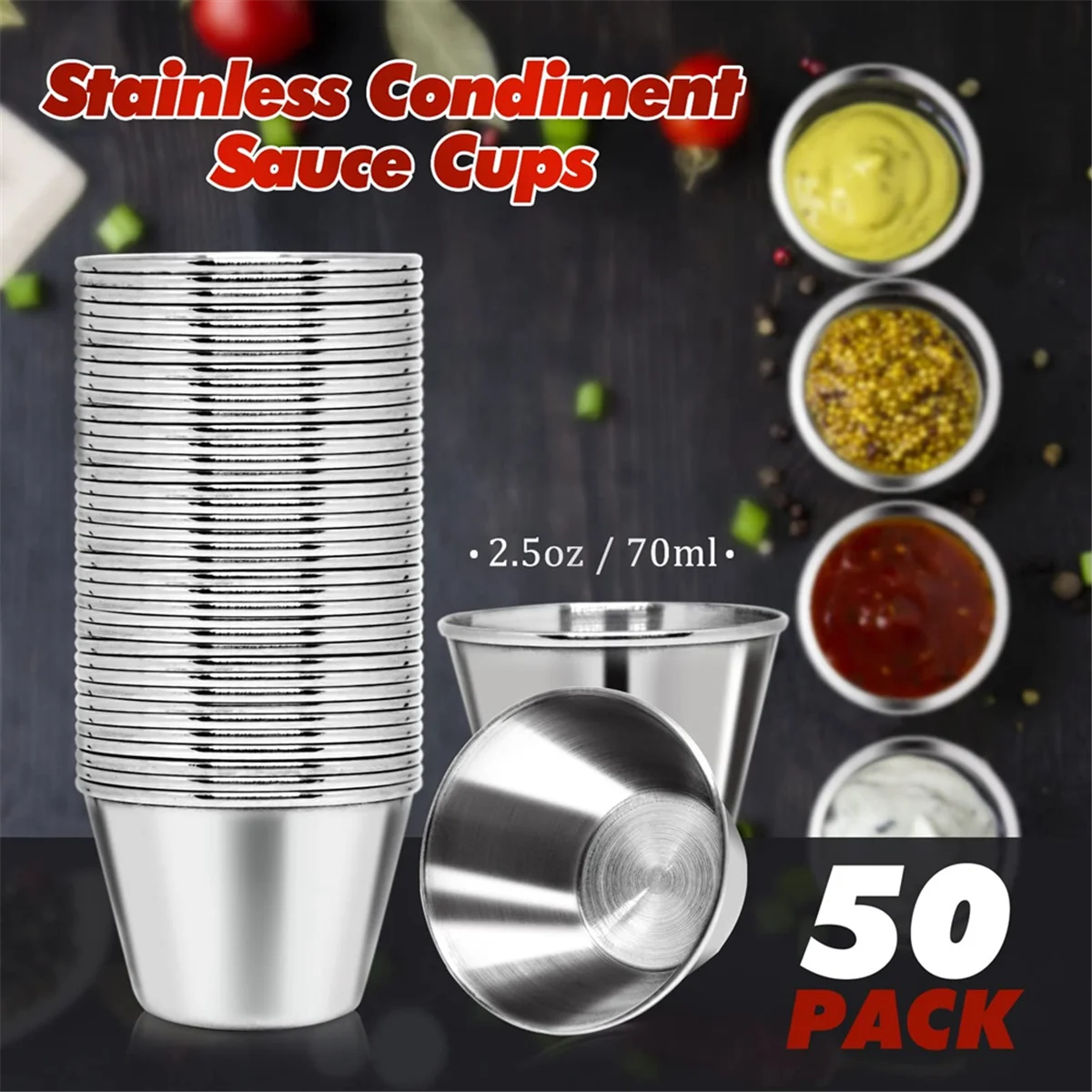 50 Pcs Metal Sauce Cups 2.5oz Ramekins, Stainless Steel Dipping Sauce Cups Metal Condiment Container Reusable