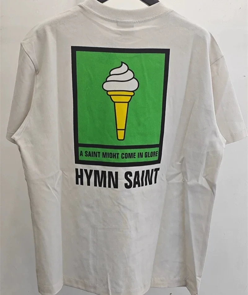 

25SS Pure Cotton White Saint Michael Ice Cream Print T-Shirts Men Women 1:1 High Quality Graphic T Shirts