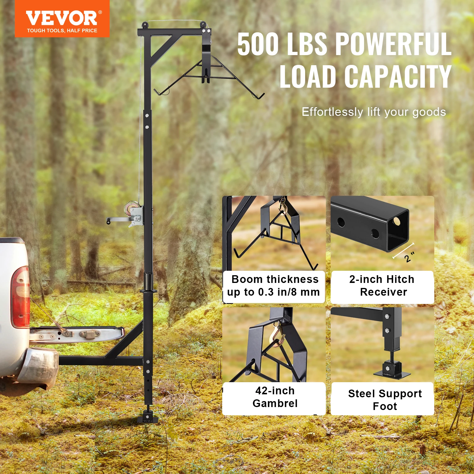 Imagem -02 - Vevor-hitch Mounted Deer Hoist Altura Ajustável do Jogo do Caminhão com Guincho Lift Gamer Conjunto para Elevação de Carga Livre 400 500 Lbs