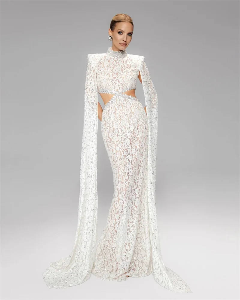 

White Wrap Prom Dress Sexy Hollow High Neck Full Sleeves Lace Crystals Party Gown Formal Bridal Wedding Guest Birthday Robe