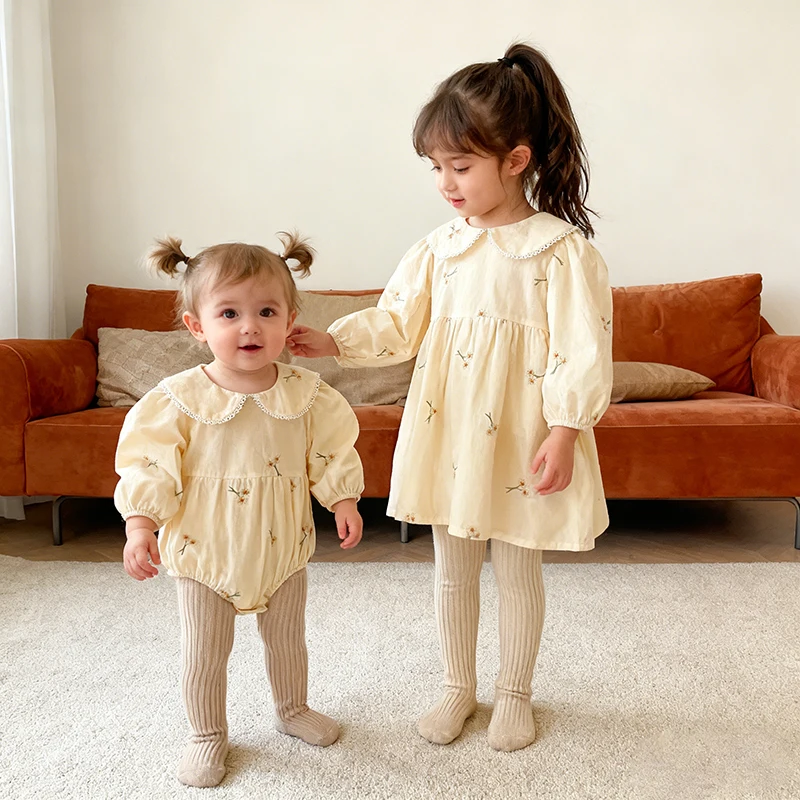 2026 neue Frühjahr 0-24 M Baby Mädchen Prinzessin Stickerei Strampler 2-6Y Mädchen Party Kleid Lange Ärmeln Baumwolle kinder Kleider Schwester Kleidung