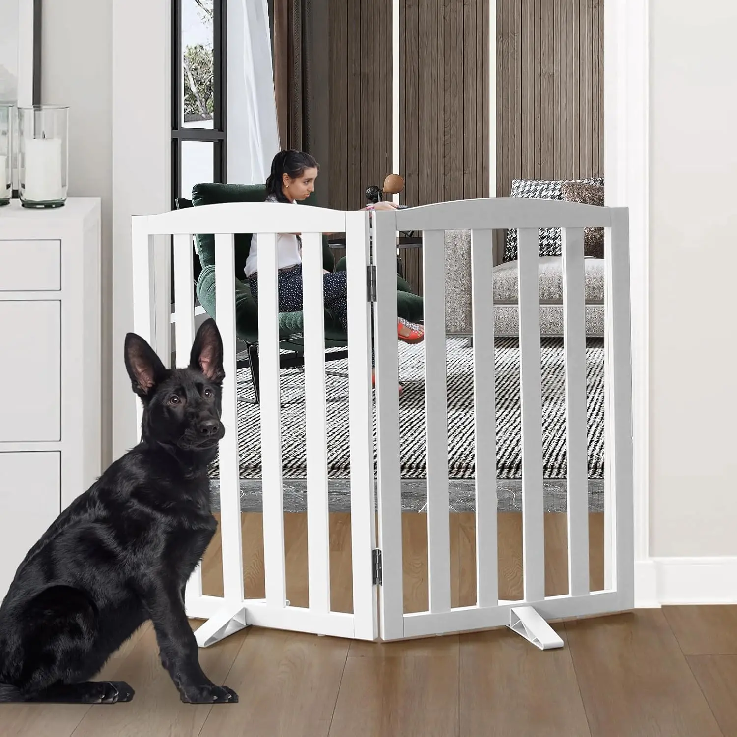 

Freestanding Dog Gate Indoor, Doggie Gate Foldable Dog Gates for Doorways,Stairs or Hallways, Wooden White Pet Gate for The