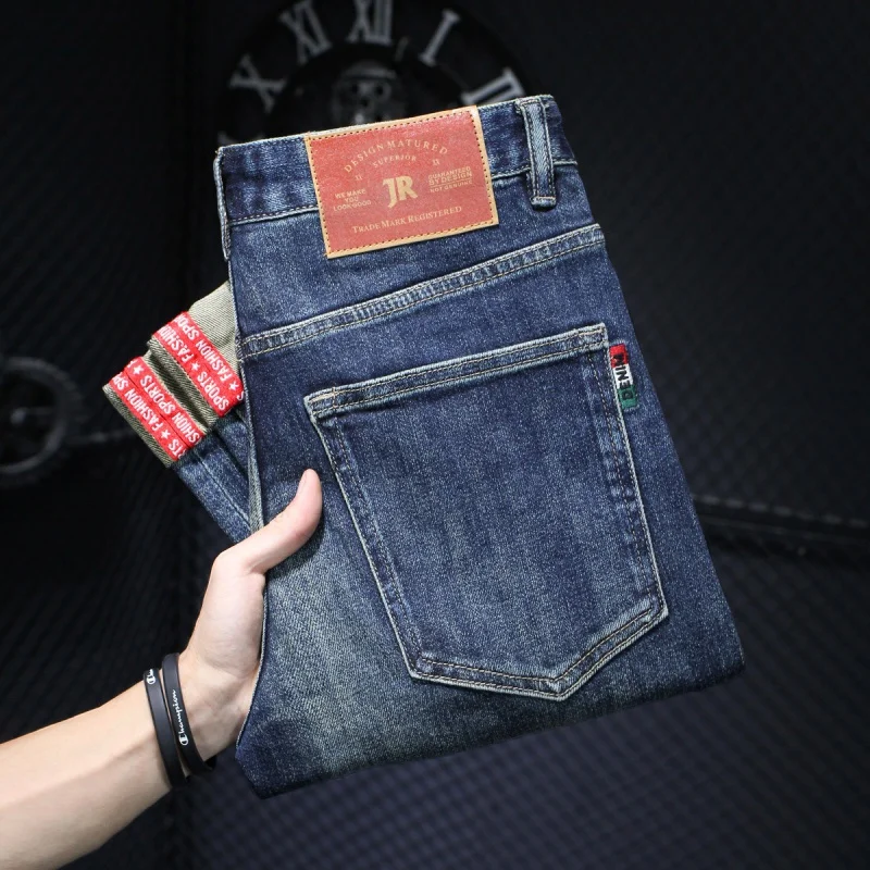 2024 new high-end light luxury MEN\'S jeans fashion embroidery retro elastic straight slim versatile casual fitted denim pants