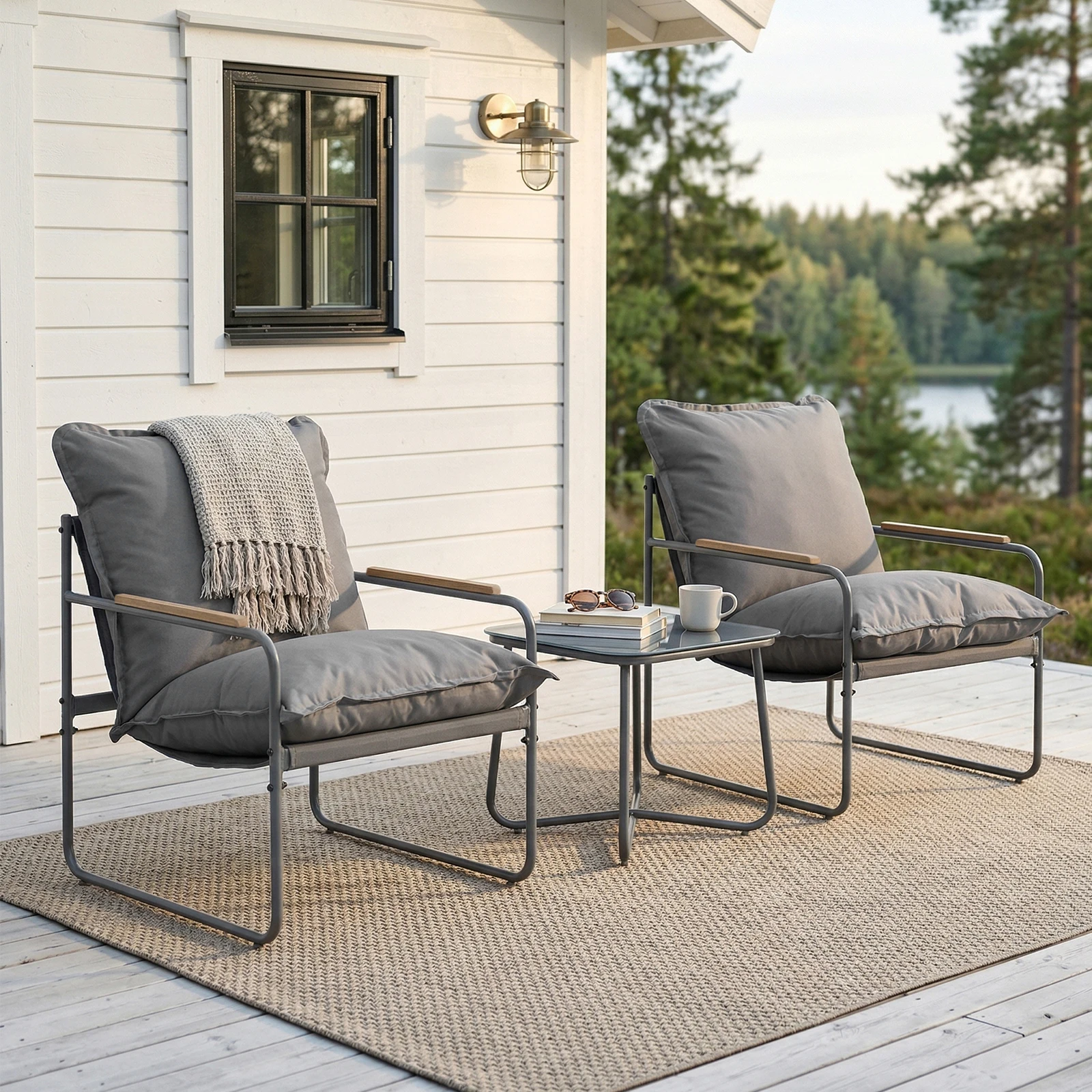 WOLTU Ergonomischer quadratischer Tisch mit Glasplatte und 2 Sesseln mit gepolstertem Sitz und Metallgestell, Gartenmöbel-Set für Garten und Balkon
