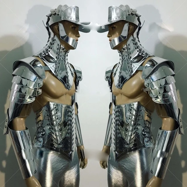 

Gogo Dance Costumes Nightclub Men Modern Singer Outfit Future Warrior Technology Sense Silver Mirror Armor