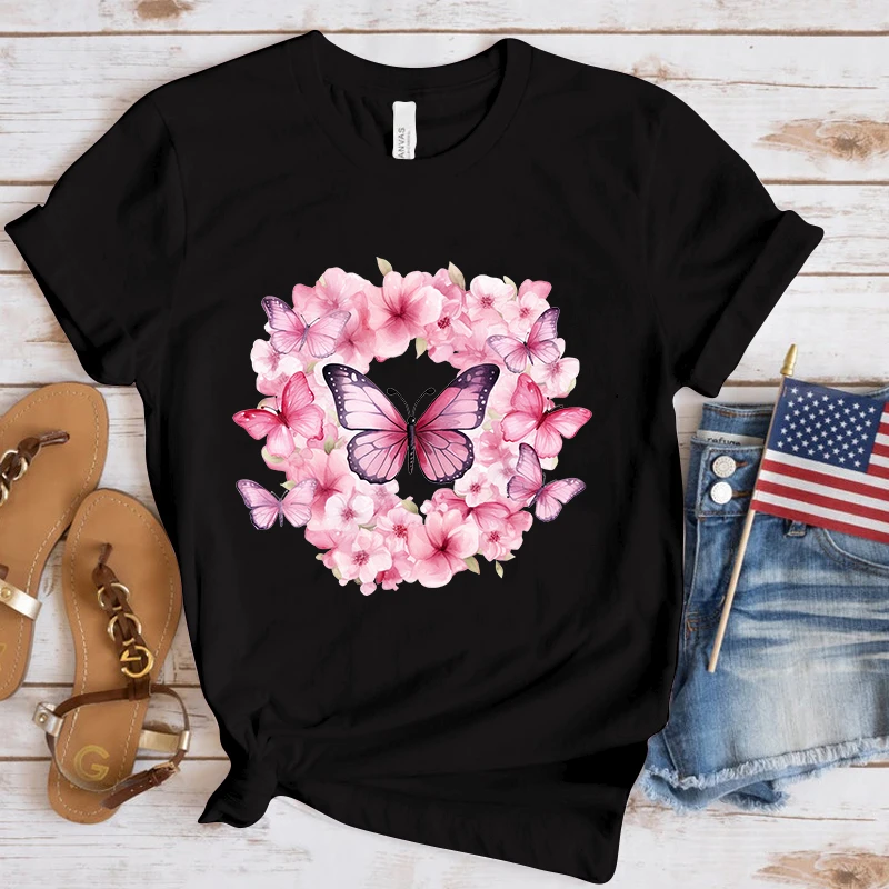 New Breast Cancer Awareness Flowers Butterfly Print T Shirt Women Men Short Sleeve Tops Tees Summer Fashion Loose Casual T-Shirt