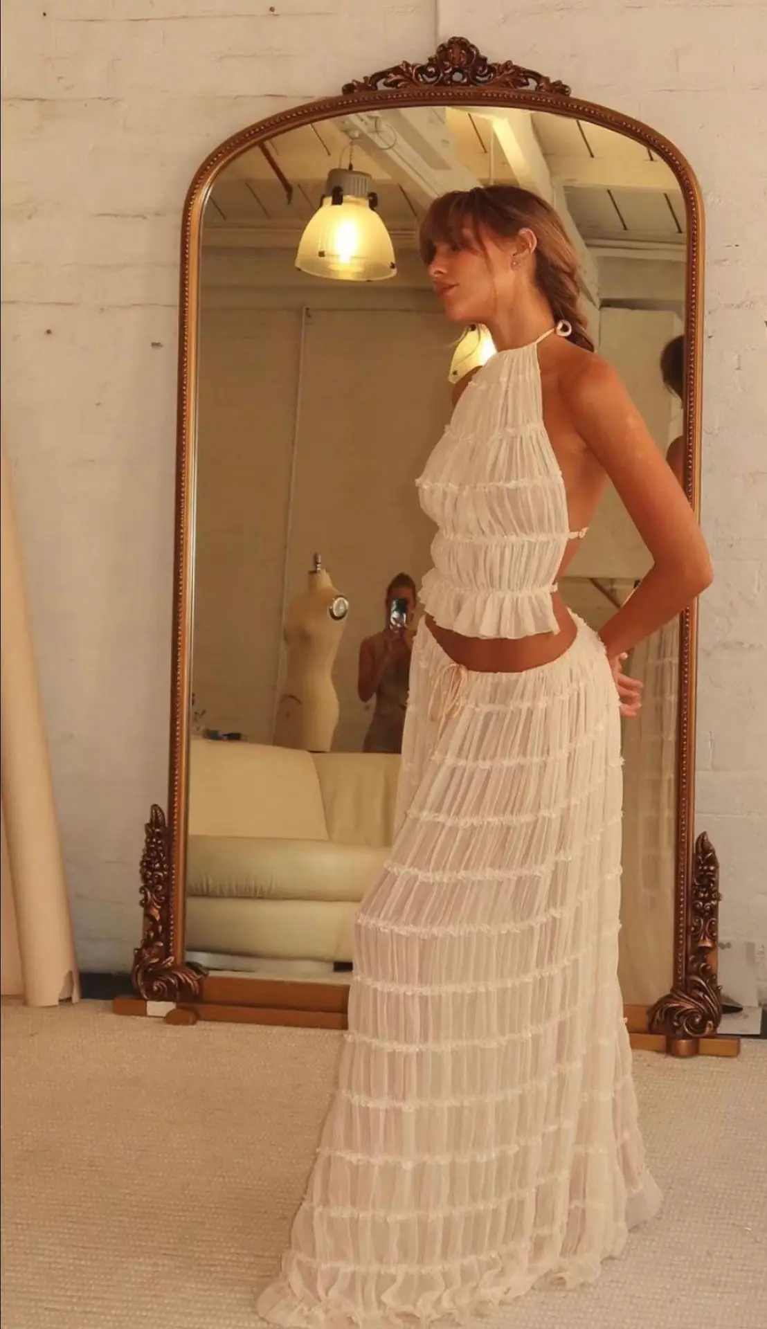 

Chic Long Skirt Set For Women Sexy Sleeveless Backless Cropped Halter Top High Waist Skirt 2 Piece Sets Lady Chic Beach Dresses